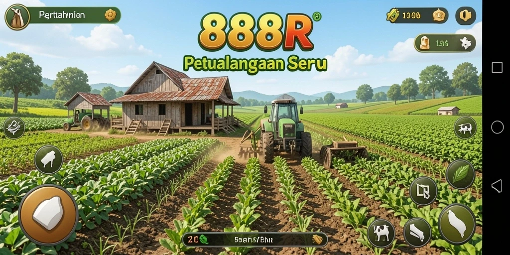 Screenshot gameplay <strong>888R</strong> menampilkan ladang yang subur dan aktivitas bertani.