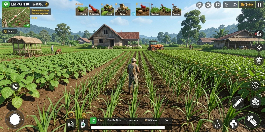 Tampilan gameplay <strong>EMPATI138</strong> saat merawat tanaman dan hewan ternak.